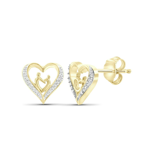Round Cut White Cubic Zirconia Heart Charm Stud Earrings In 14K Gold Over Sterling Silver 